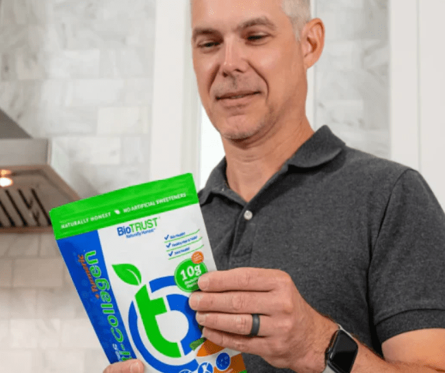 Man looking at BioTrust Ageless Multi-Collagen product